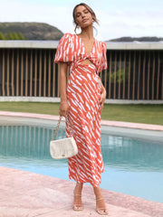 Stripe Pattern Graceful Cutout Long Dress Dresses