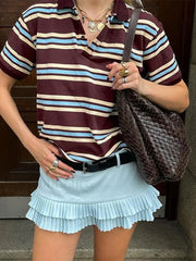 Stripe Polo Neck Loose Casual T Shirt brown / S