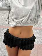 Stripe Splice Patchwork Solid Concise Ruched Low Waist Short Black / S