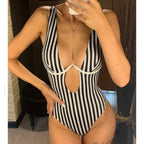 Striped Backless Fashion One Piece Black / S