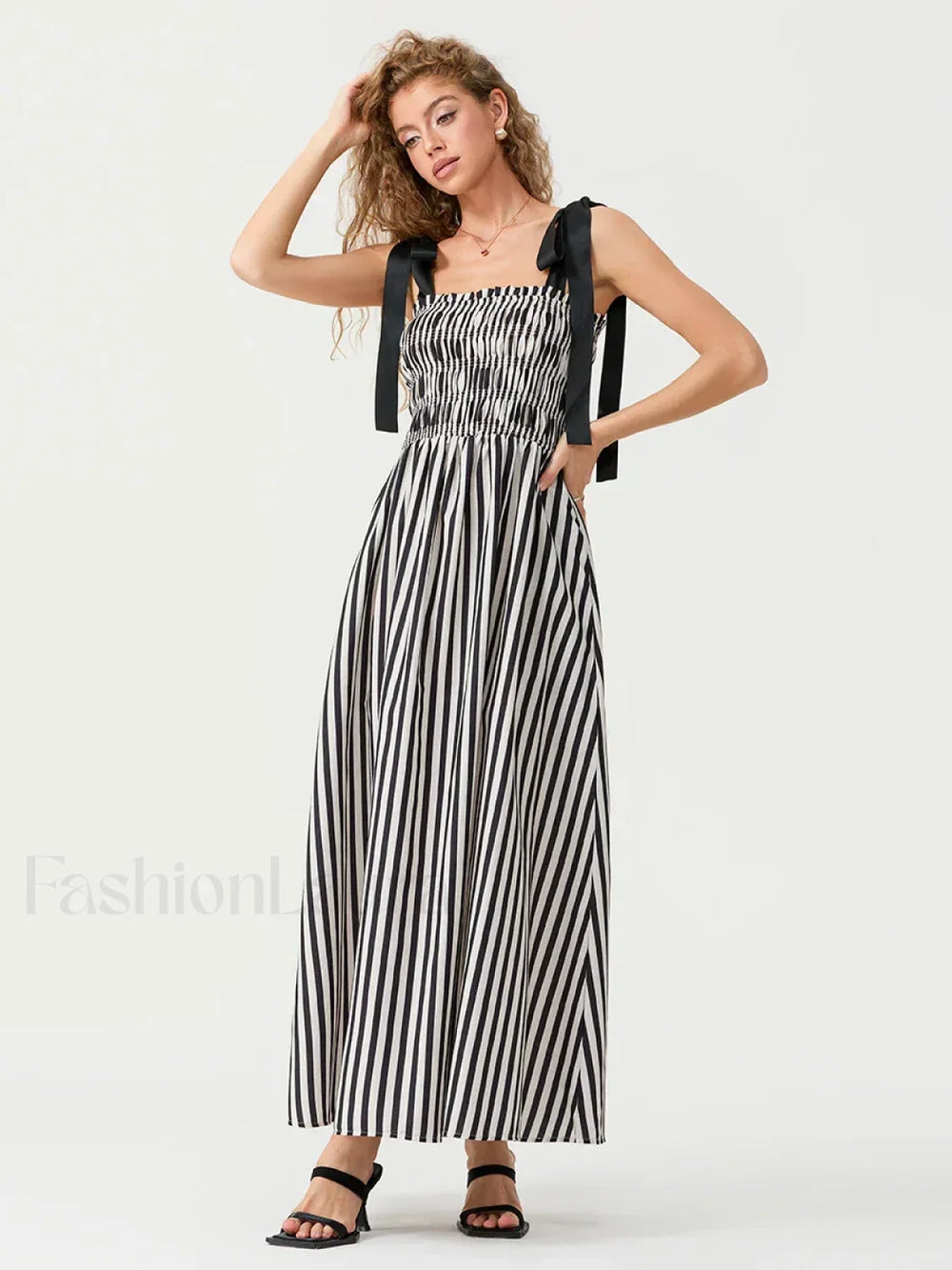 Striped Bow Shirred Maxi Dress Black / S