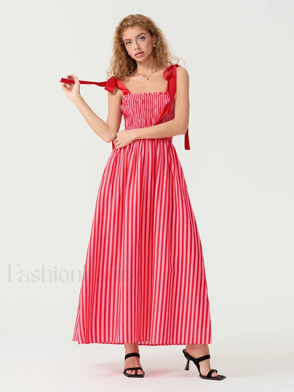 Striped Bow Shirred Maxi Dress Pink / S
