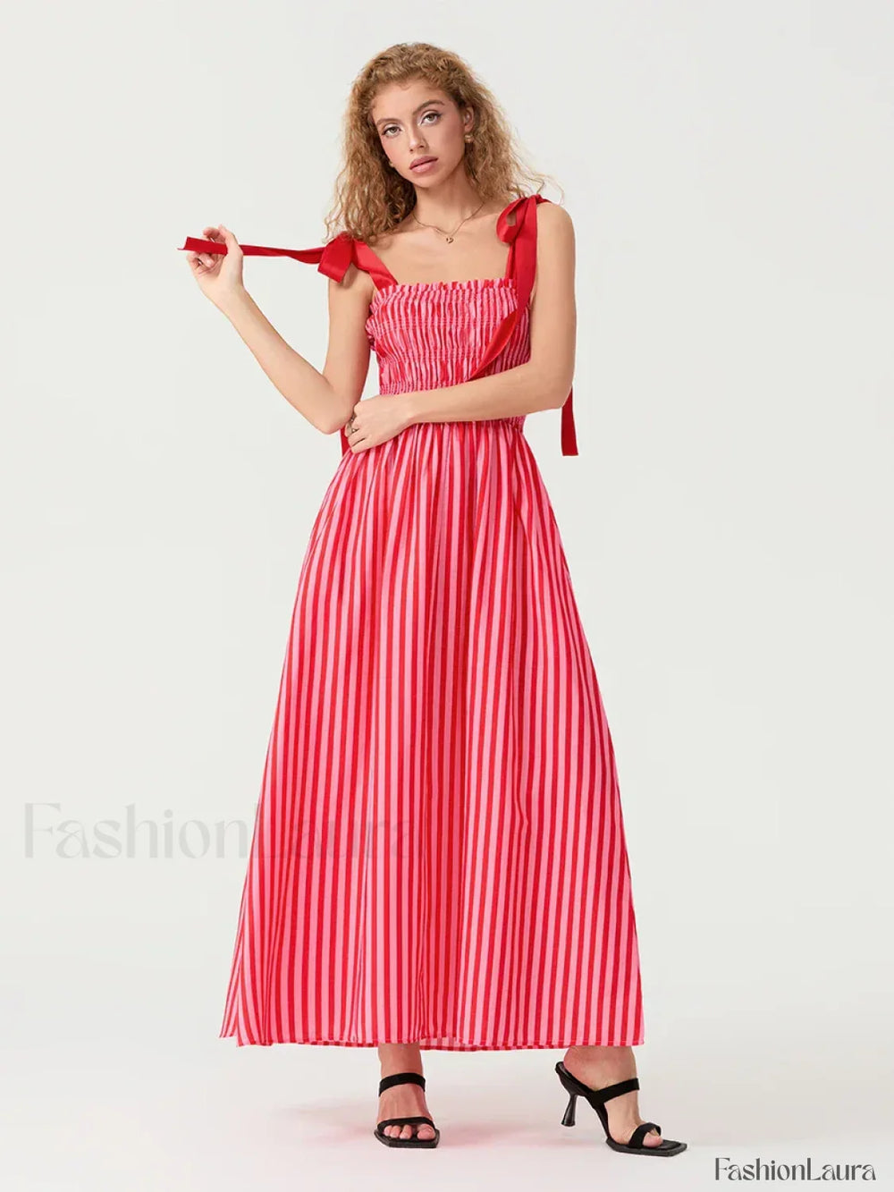Striped Bow Shirred Maxi Dress Pink / S