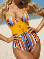 Striped Corset Tied Hollow One Piece