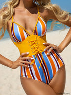 Striped Corset Tied Hollow One Piece