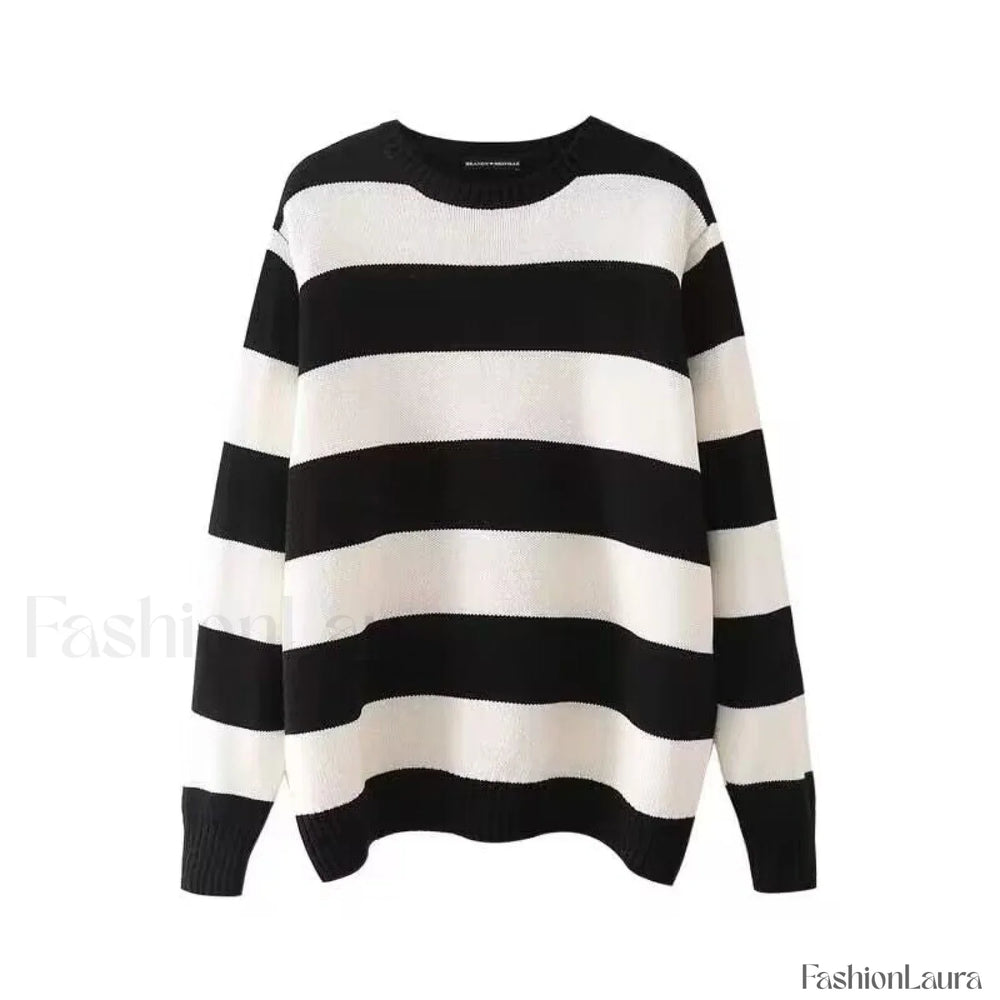 Striped Crew Neck Knit Sweater Black / ONE SIZE Sweaters