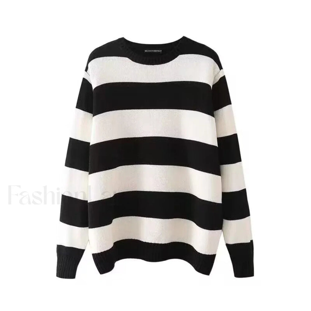 Striped Crew Neck Knit Sweater Black / ONE SIZE Sweaters