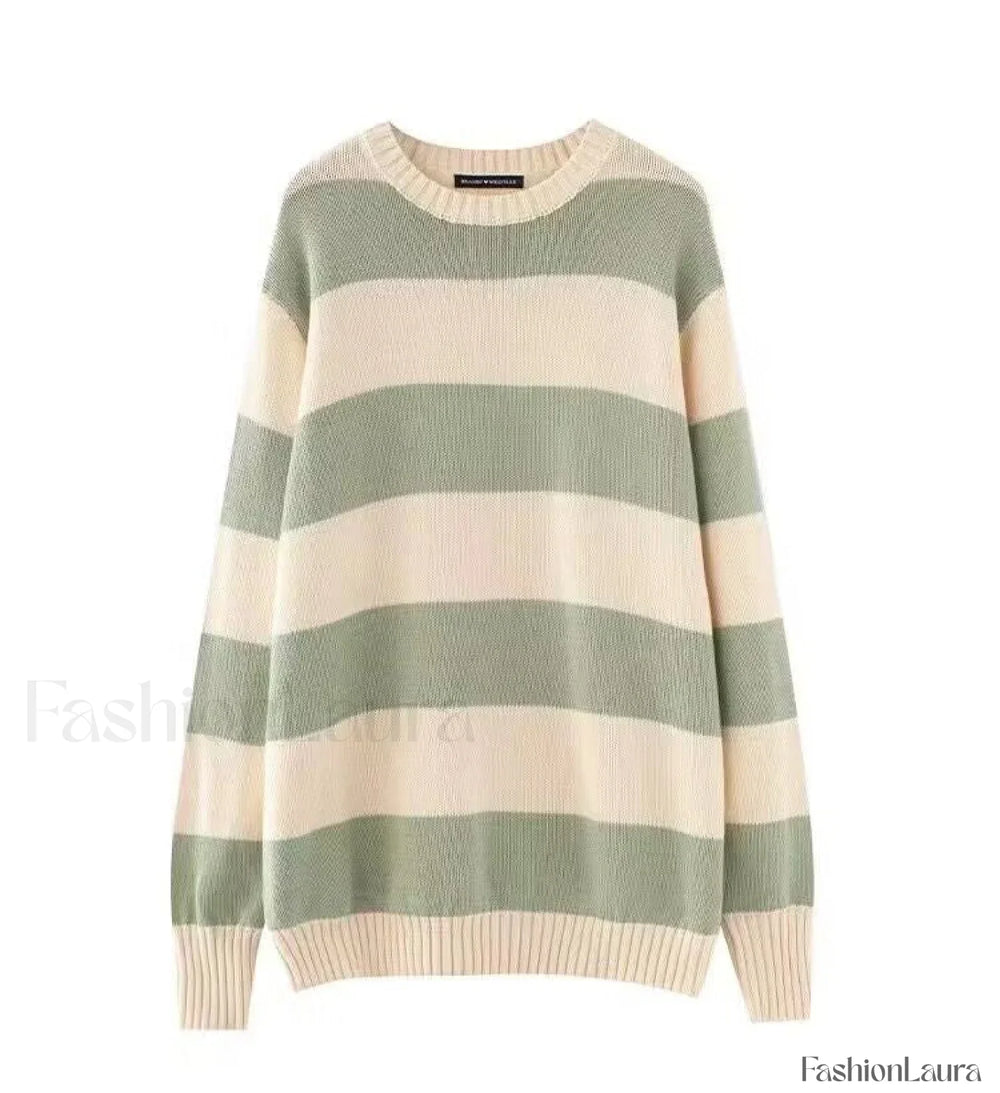 Striped Crew Neck Knit Sweater Green / ONE SIZE Sweaters
