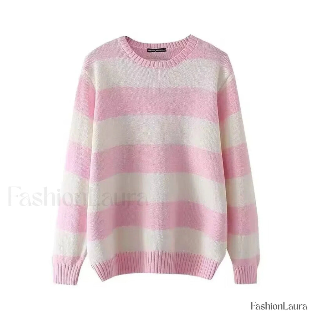 Striped Crew Neck Knit Sweater Pink / ONE SIZE Sweaters