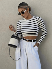Striped Crop Bodycon Knit Top White / XS Knit Tops
