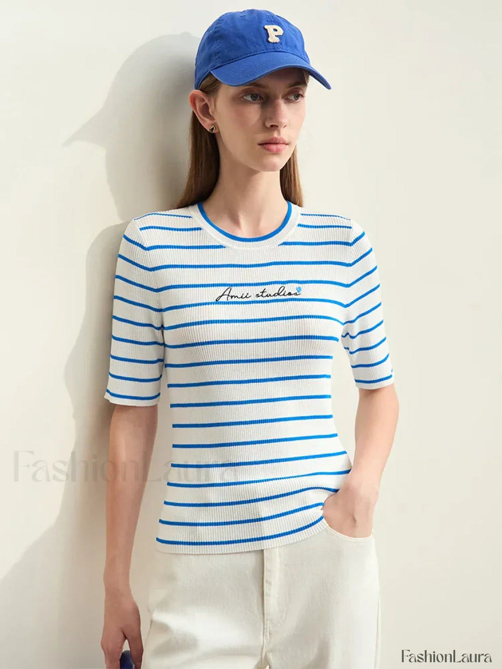 Striped Embroidered Knit T Shirt