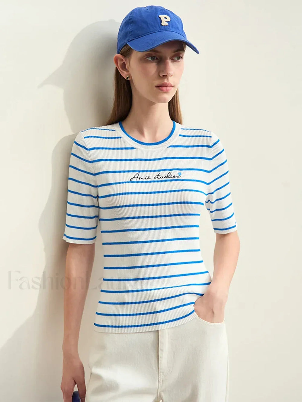 Striped Embroidered Knit T Shirt