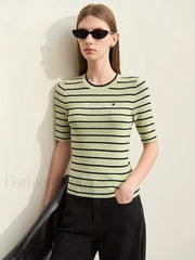 Striped Embroidered Knit T Shirt Mint green / S