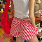 Striped Lace Trim Drawstring Elastic Waist Casual Summer Short