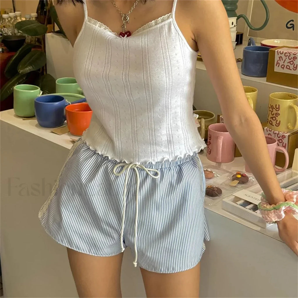 Striped Lace Trim Drawstring Elastic Waist Casual Summer Short