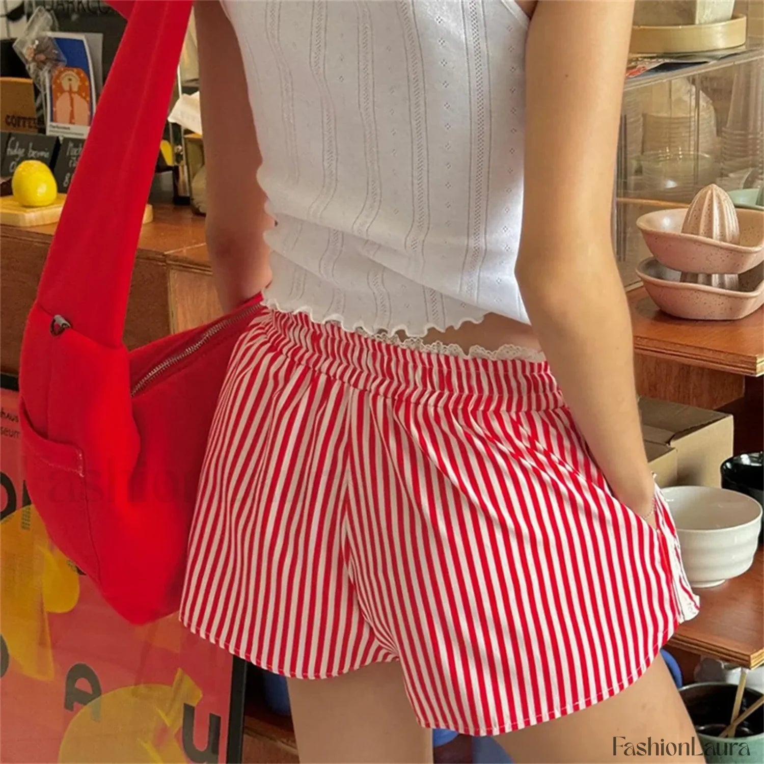 Striped Lace Trim Drawstring Elastic Waist Casual Summer Short
