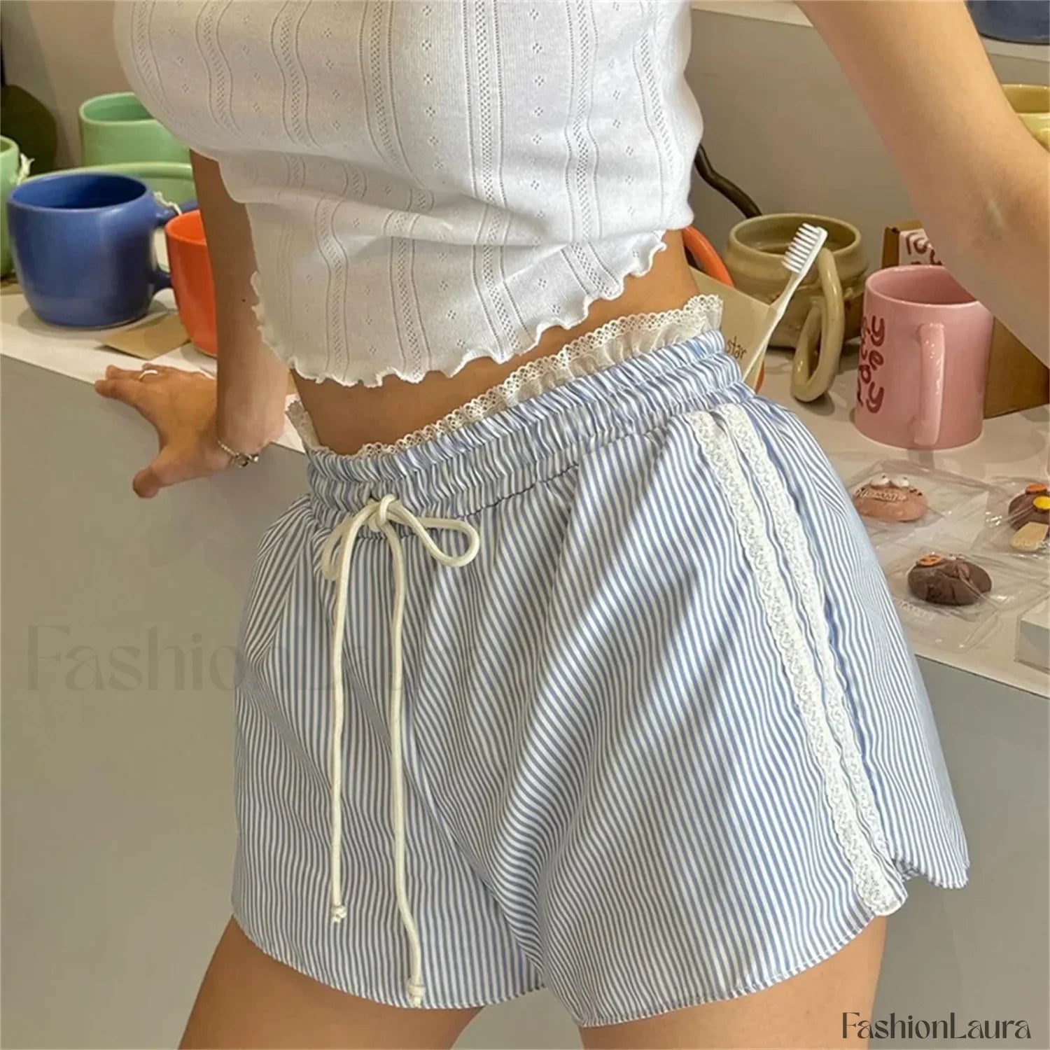 Striped Lace Trim Drawstring Elastic Waist Casual Summer Short Blue / S