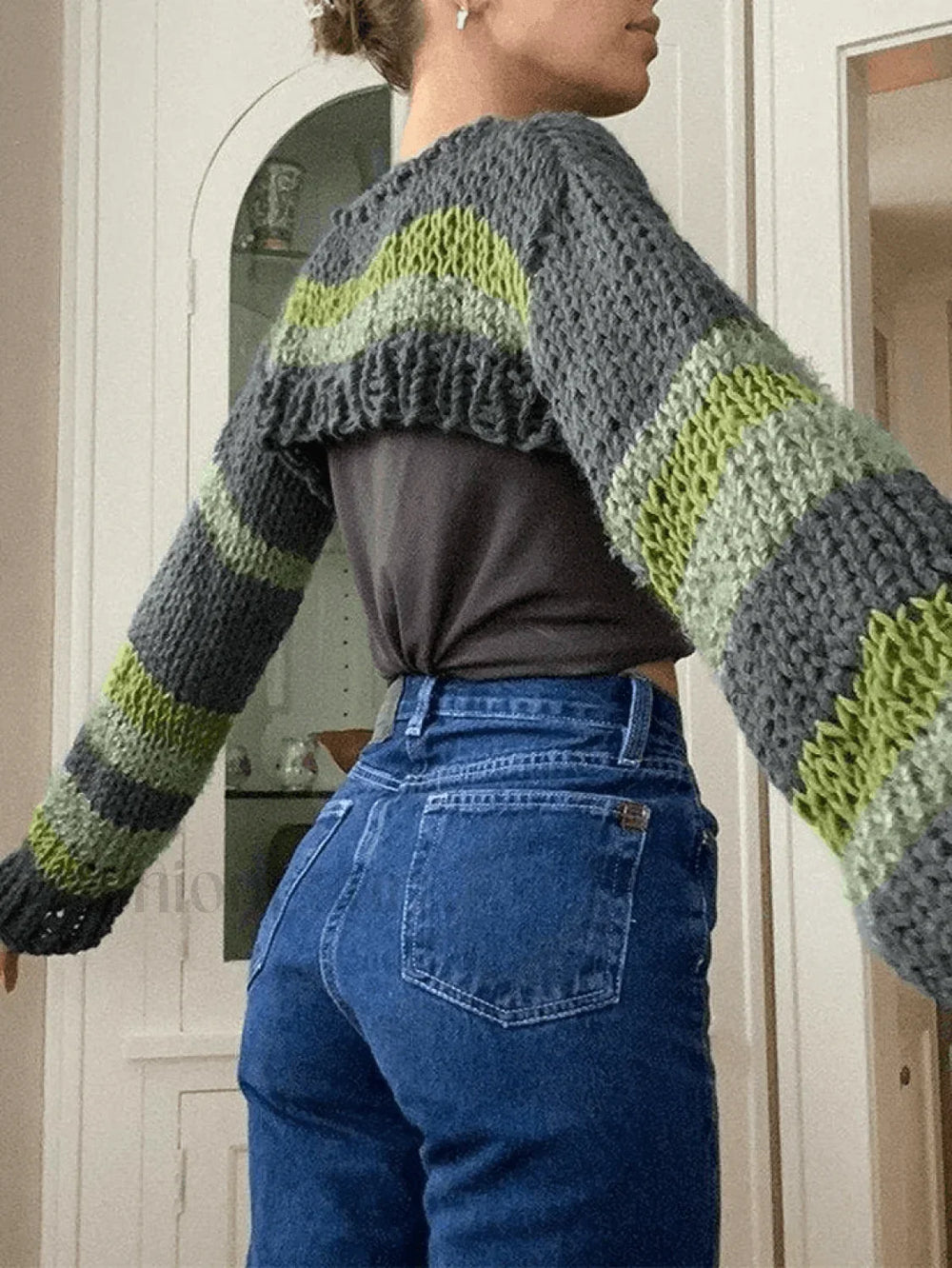 Striped Long Sleeve Bolero Sweater Top Sweaters