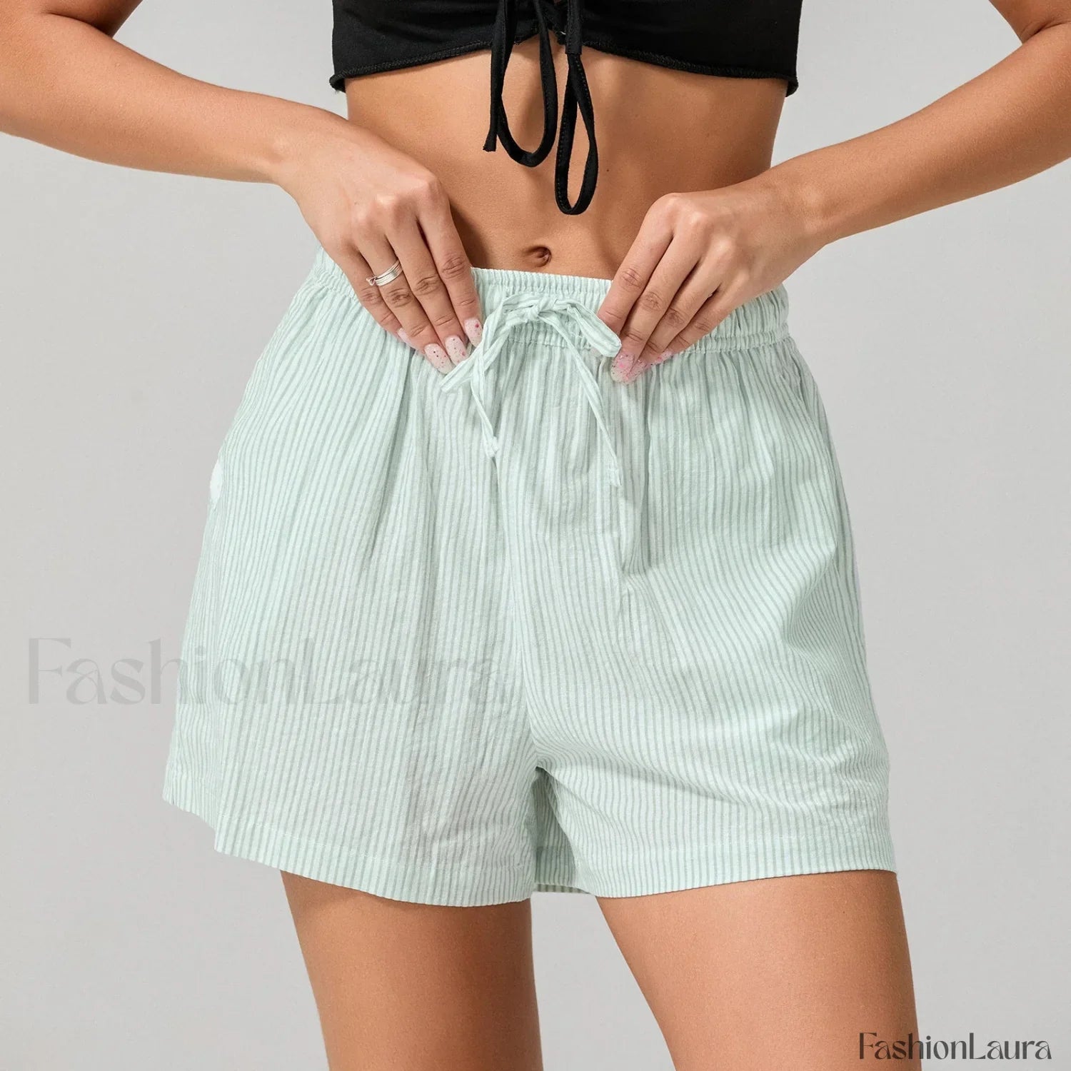 Striped Loose Fit Wide Leg Fashion Casual Lounge Short green / XS