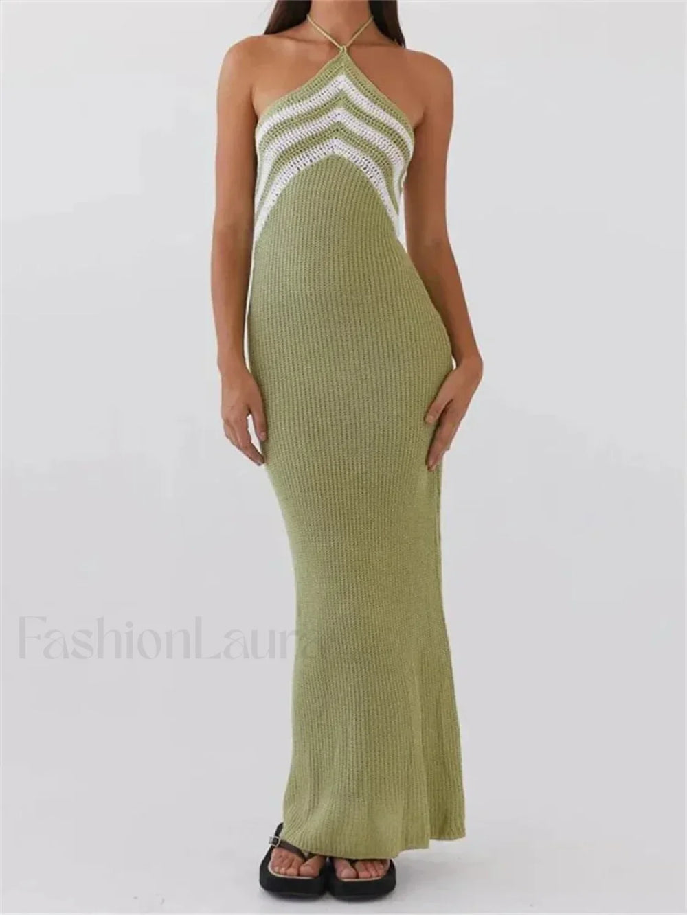 Striped Off Shoulder Patchwork Maxi Dress green / S