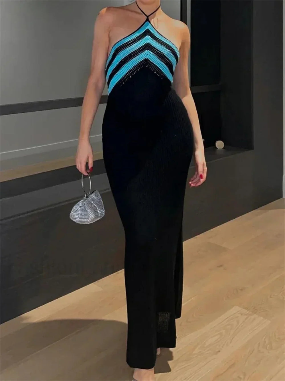 Striped Off Shoulder Patchwork Maxi Dress black / S