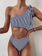 Striped One Shoulder High Cut One Piece blue / S
