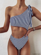 Striped One Shoulder High Cut One Piece blue / S