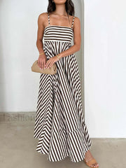 Striped Pleated Cami Long Dress Light Brown / XS Dresses