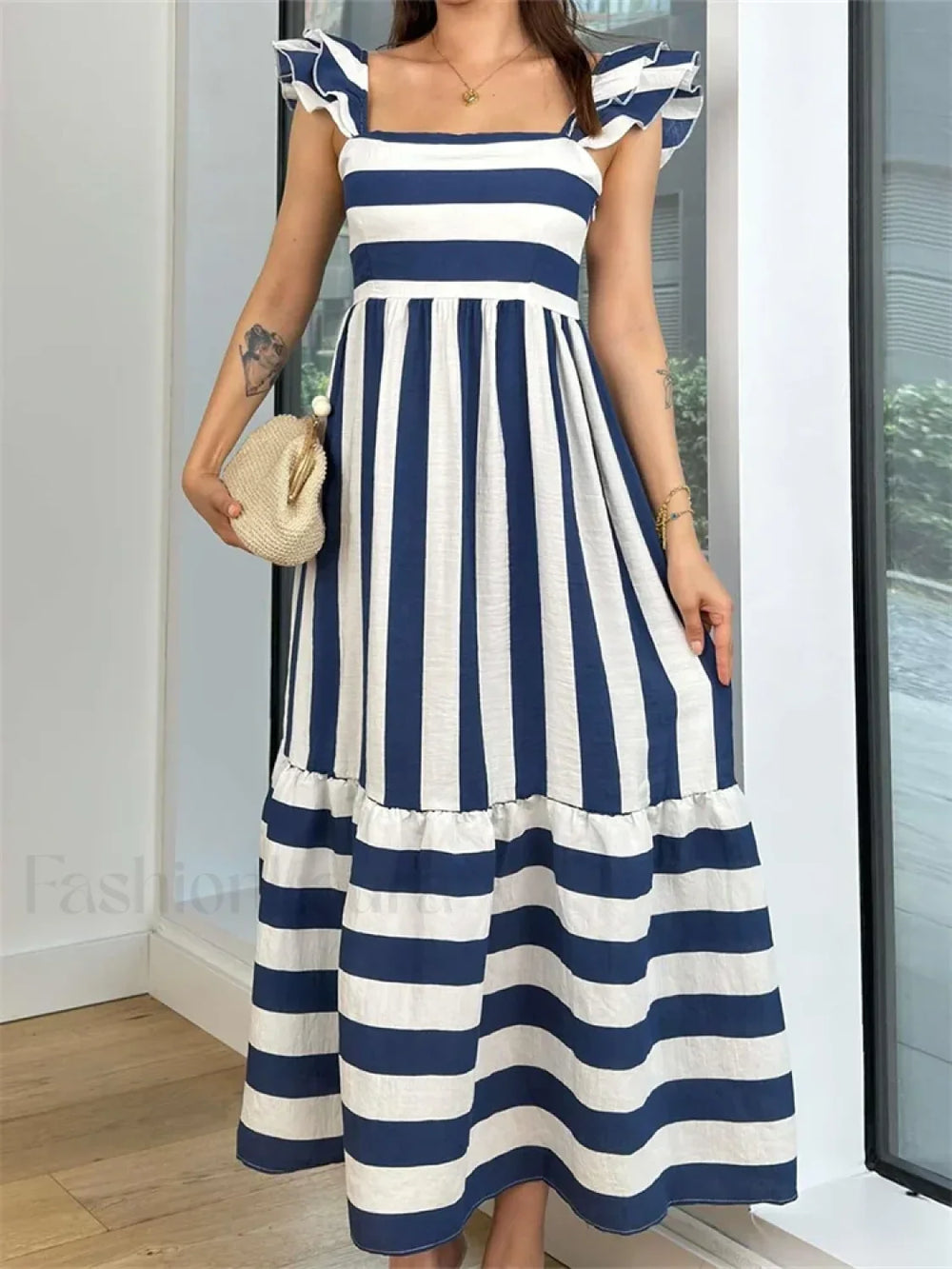 Striped Ruffle A Line Party Maxi Dress