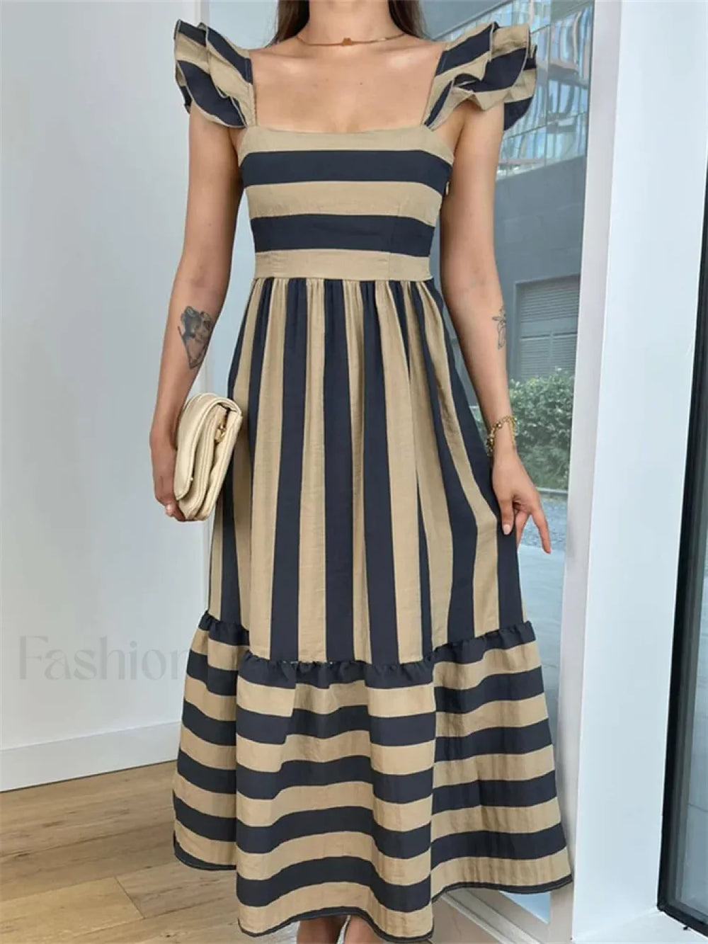 Striped Ruffle A Line Party Maxi Dress brown / S