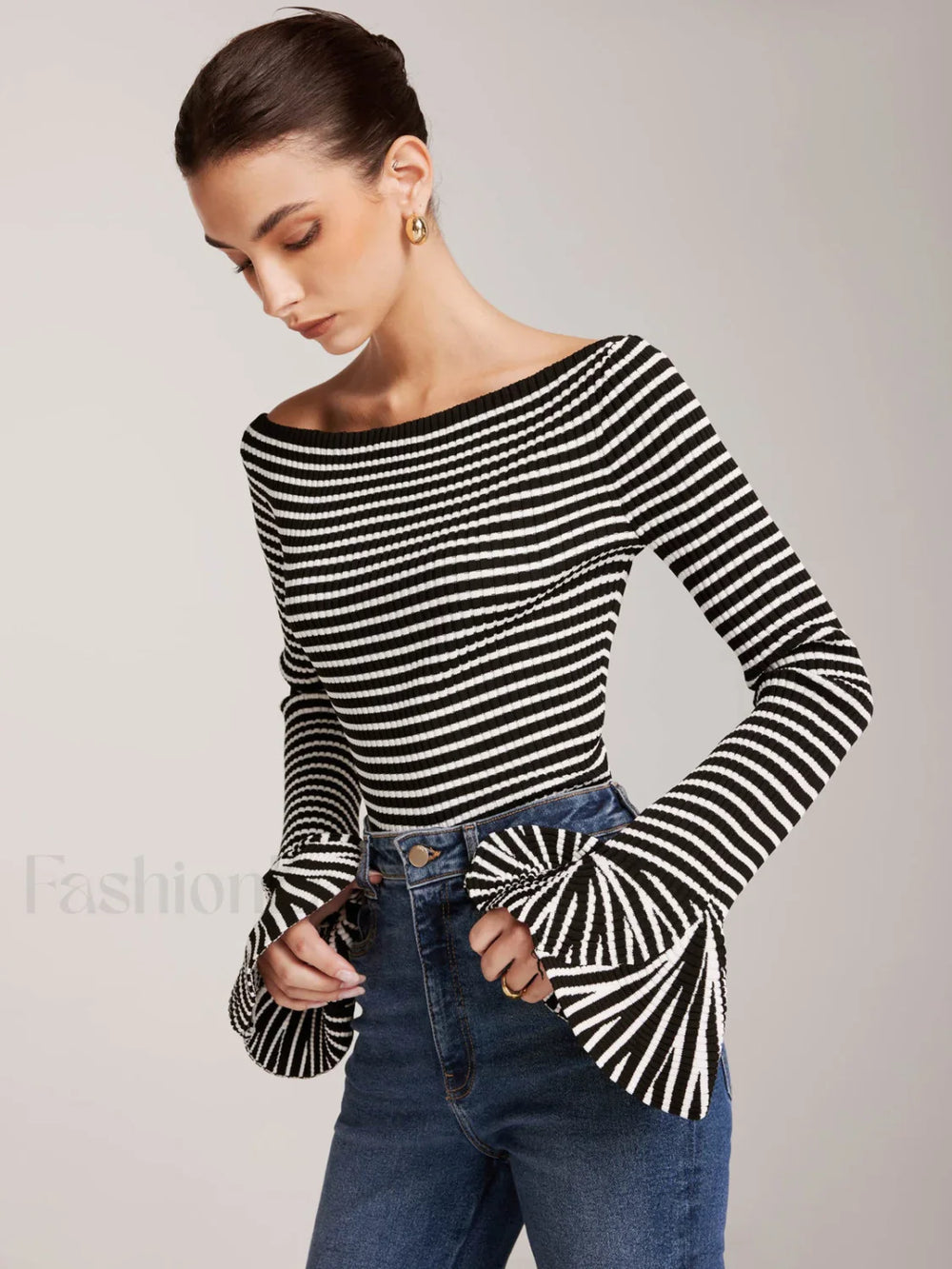 Striped Ruffle Sleeve Knit Top Black / XS Knit Tops