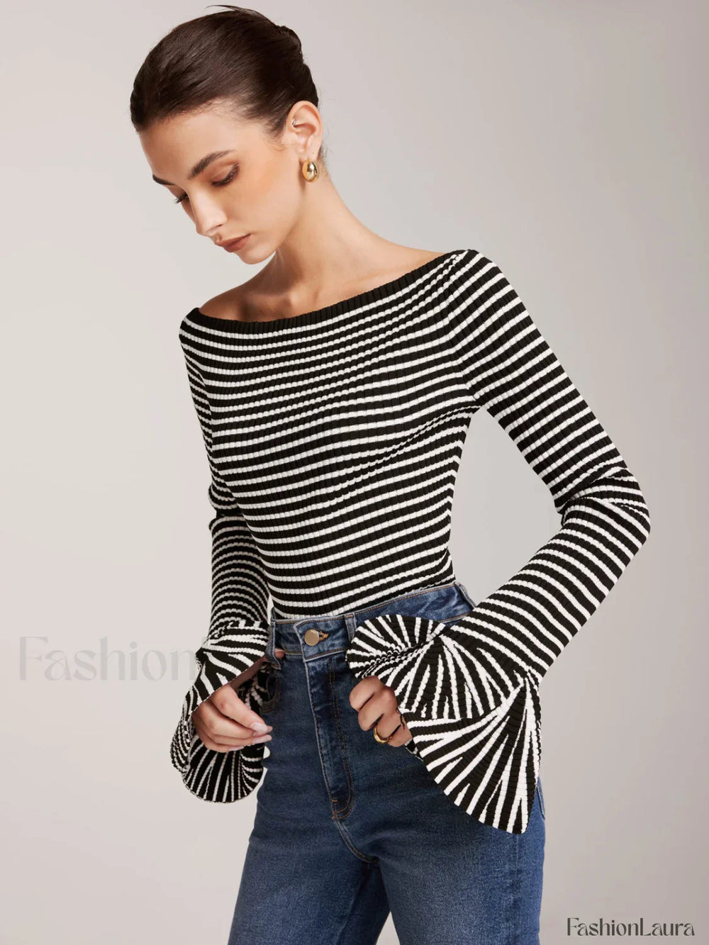 Striped Ruffle Sleeve Knit Top Black / XS Knit Tops