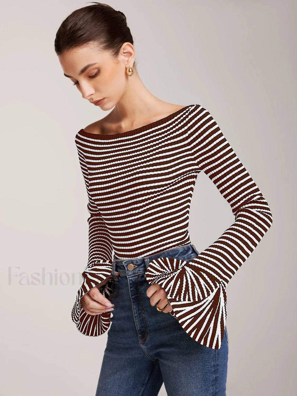Striped Ruffle Sleeve Knit Top Brown / XS Knit Tops
