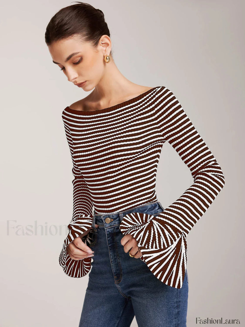 Striped Ruffle Sleeve Knit Top Brown / XS Knit Tops