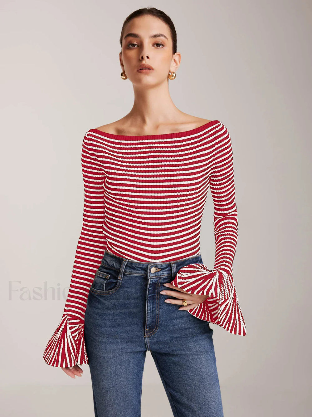 Striped Ruffle Sleeve Knit Top Red / XS Knit Tops