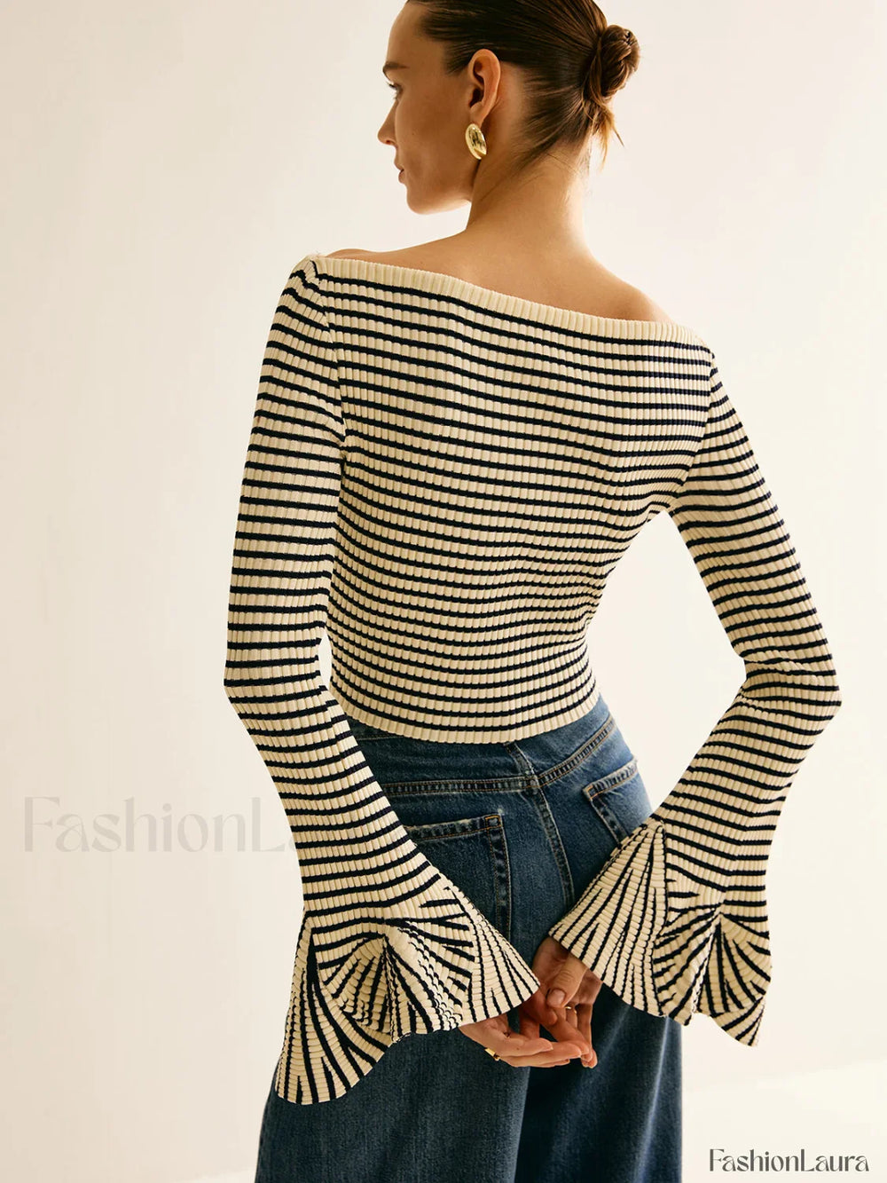 Striped Ruffle Sleeve Knit Top Knit Tops