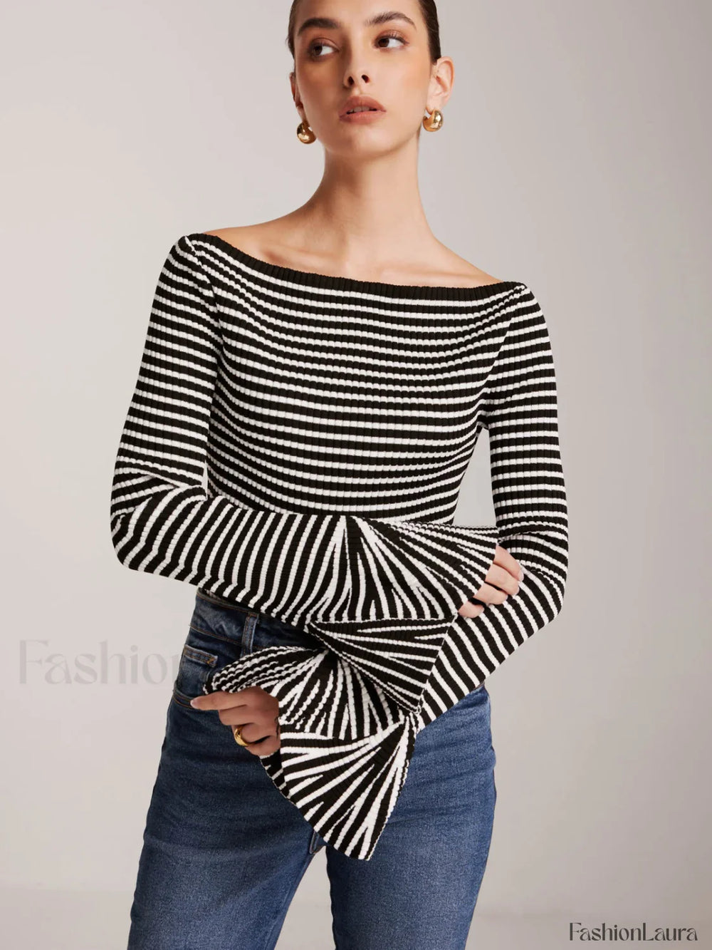 Striped Ruffle Sleeve Knit Top Knit Tops