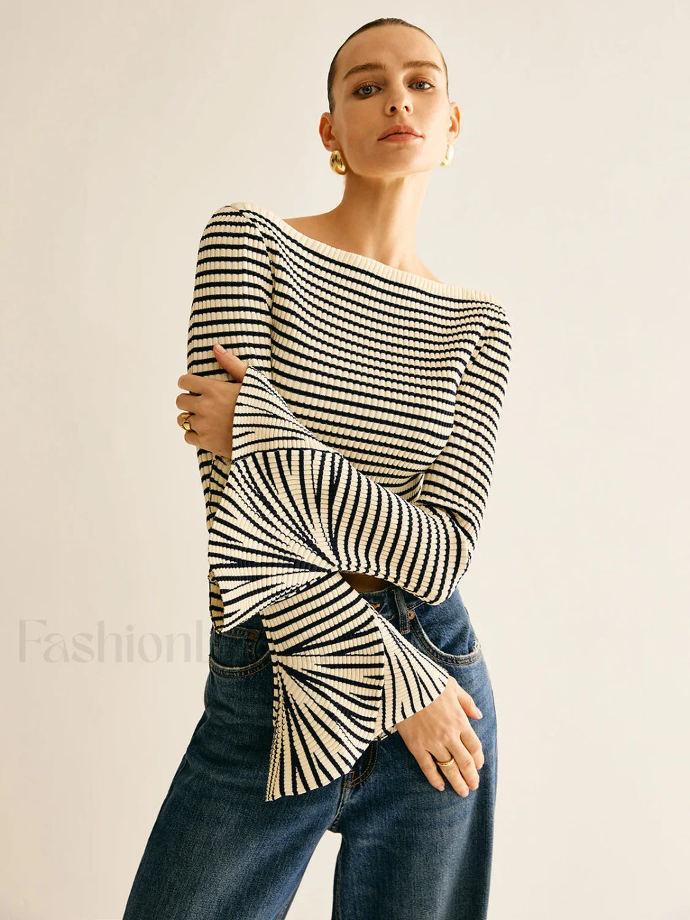 Striped Ruffle Sleeve Knit Top Knit Tops