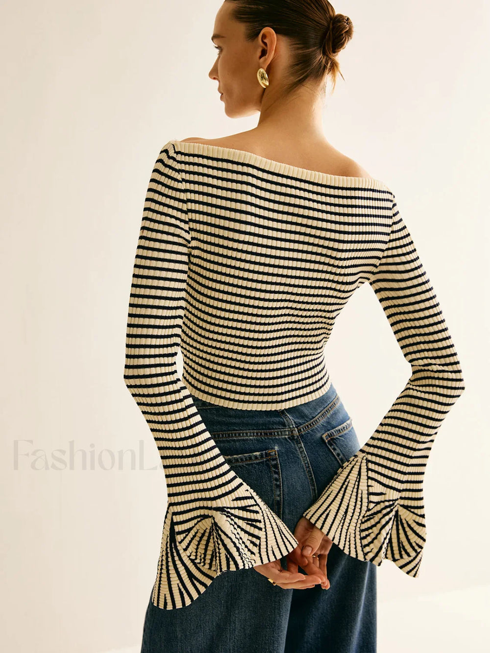 Striped Ruffle Sleeve Knit Top Knit Tops