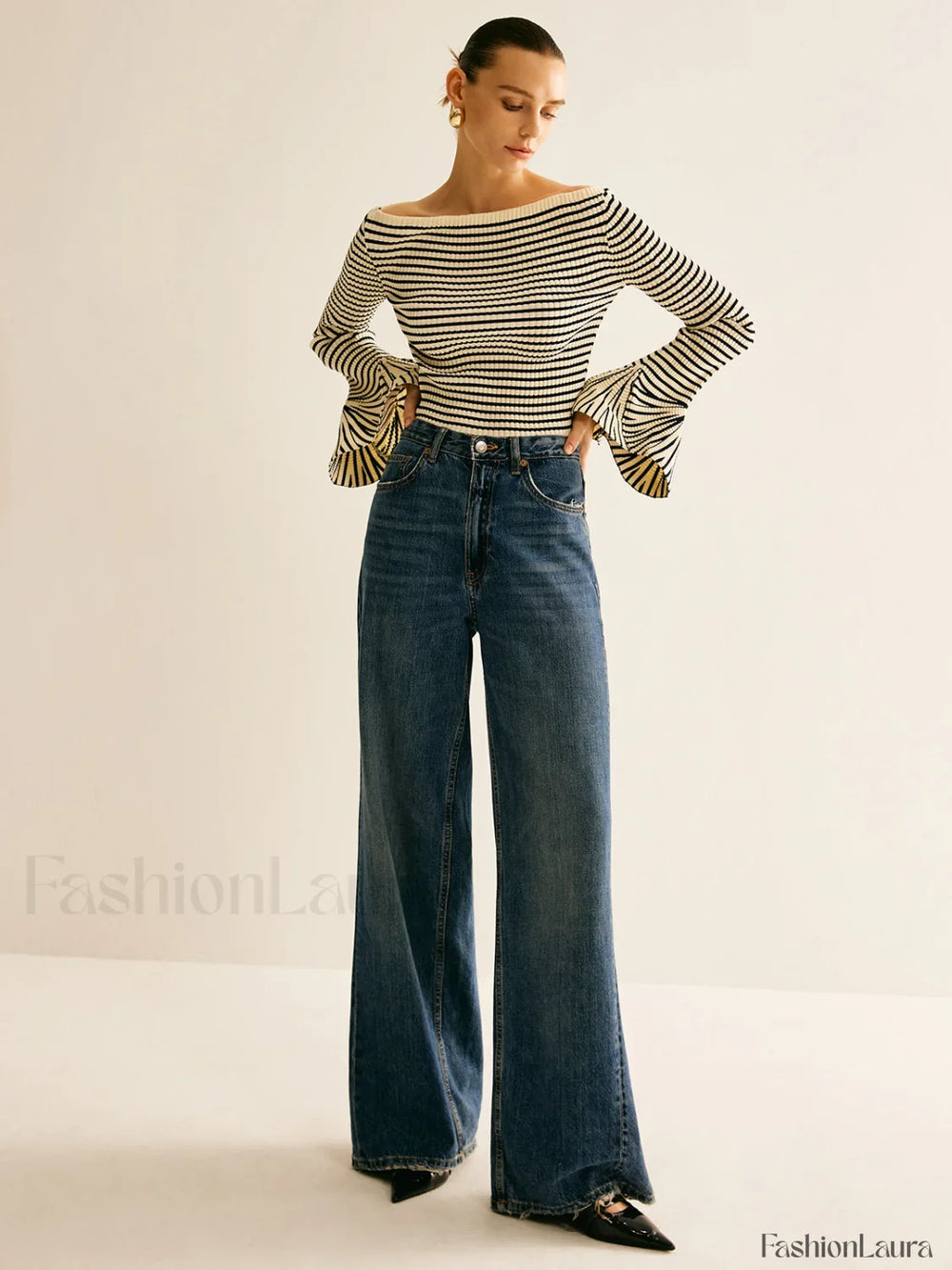 Striped Ruffle Sleeve Knit Top Knit Tops