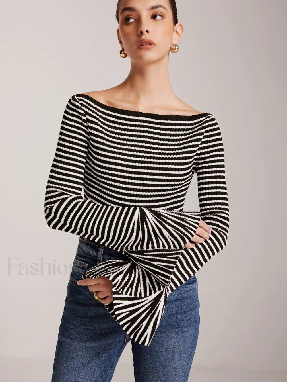 Striped Ruffle Sleeve Knit Top Knit Tops