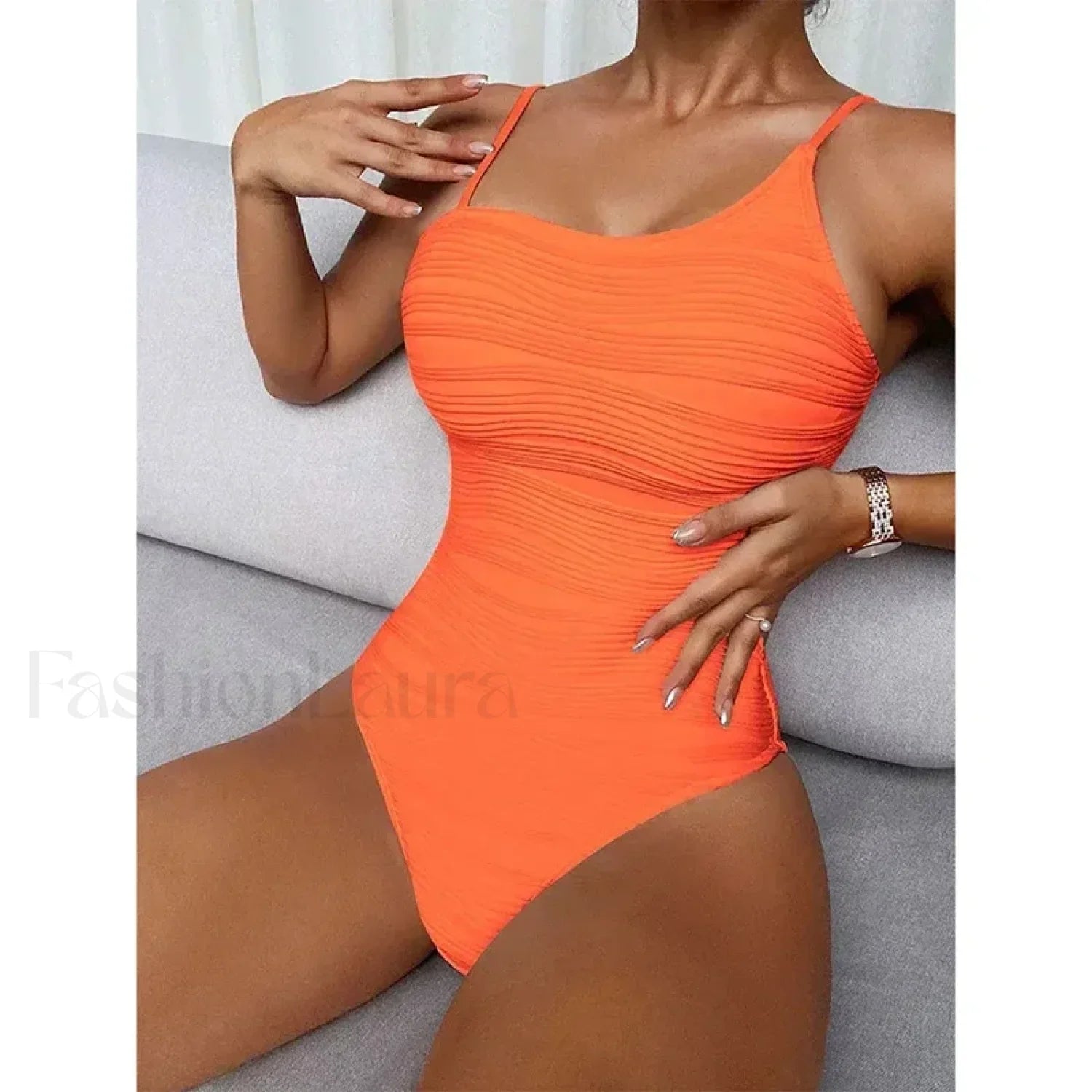 Striped Solid Fashion Bather One Piece Orange / S