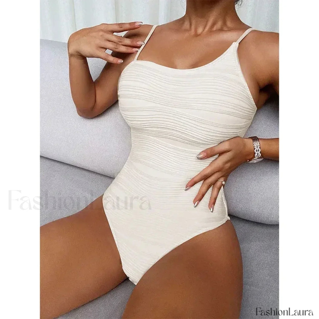Striped Solid Fashion Bather One Piece WHITE / S
