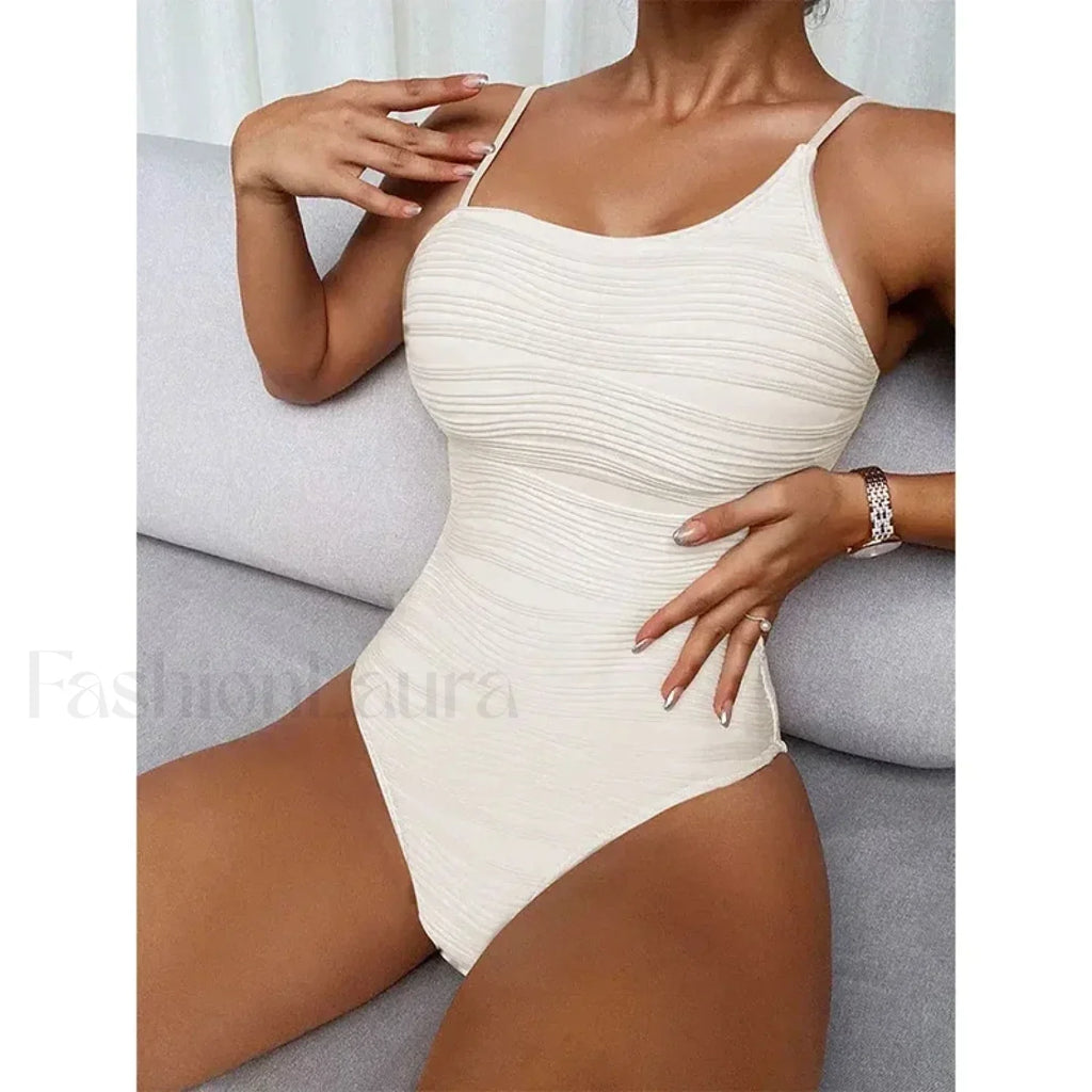 Striped Solid Fashion Bather One Piece WHITE / S