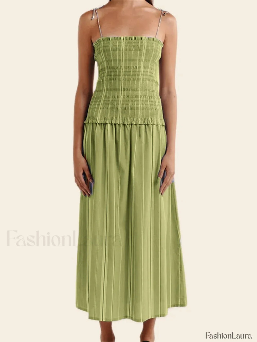 Striped Spaghetti Patchwork Maxi Dress green / S