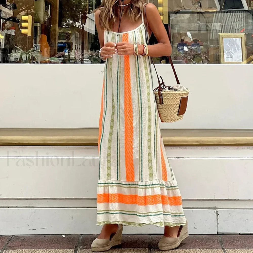 Striped Spaghetti Strap Boho Dress WHITE / S