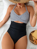 Striped Spliced Hollow Out One Piece