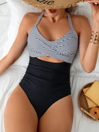Striped Spliced Hollow Out One Piece