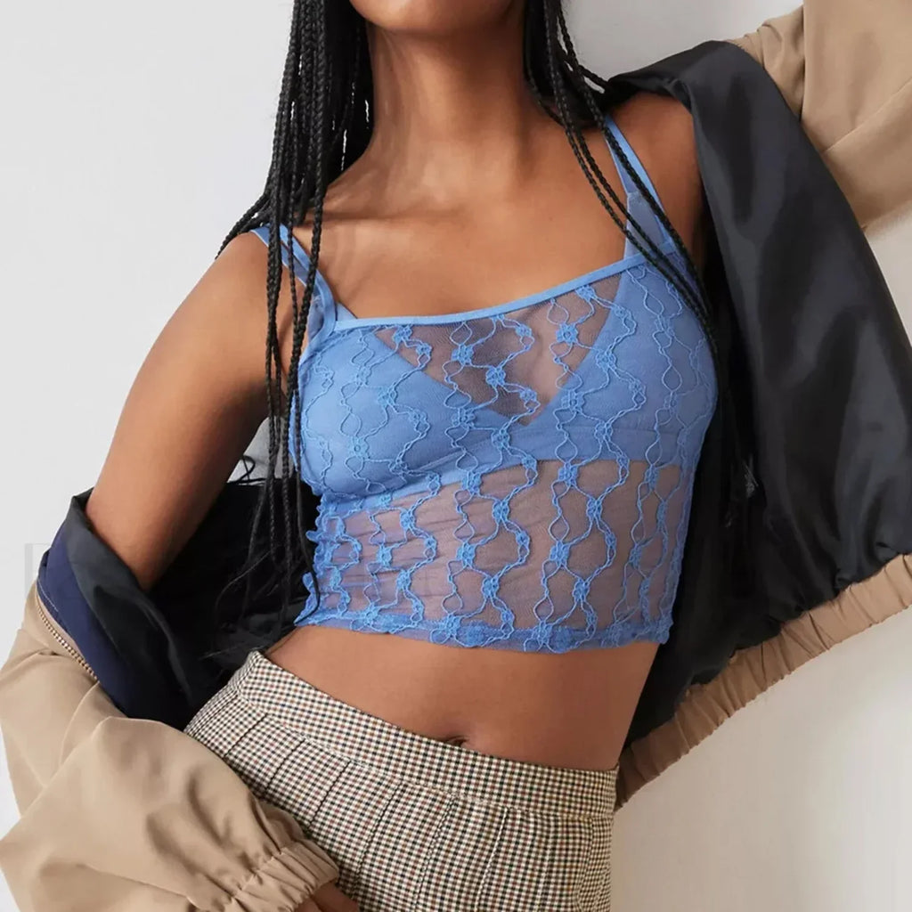 Striped Square Neck Mesh Crop Top Blue / S
