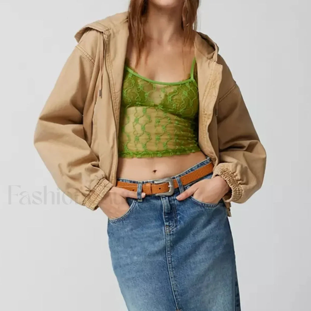 Striped Square Neck Mesh Crop Top Green / S